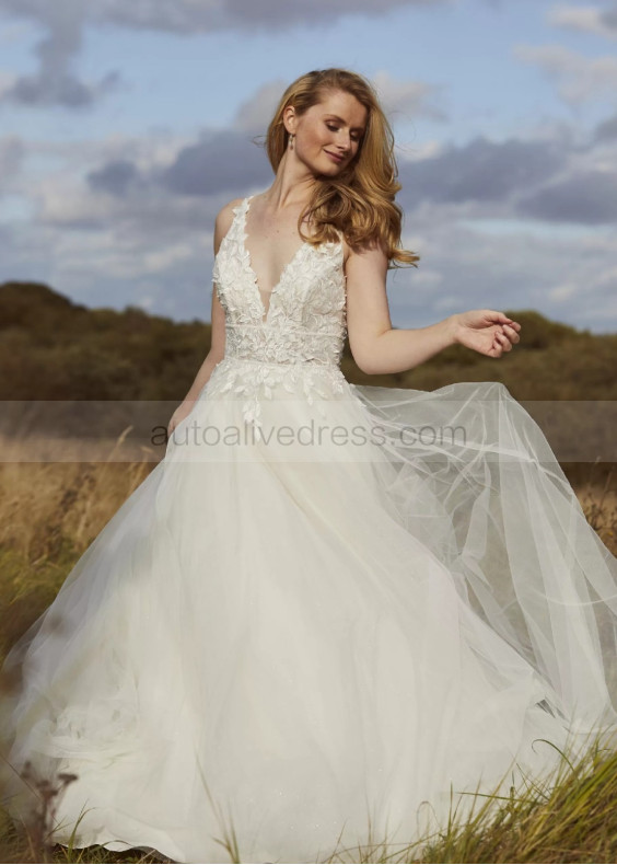 Beaded Ivory Lace Tulle Open Back Wedding Dress Beaded Ivory Lace Tulle Open Back Wedding Dress